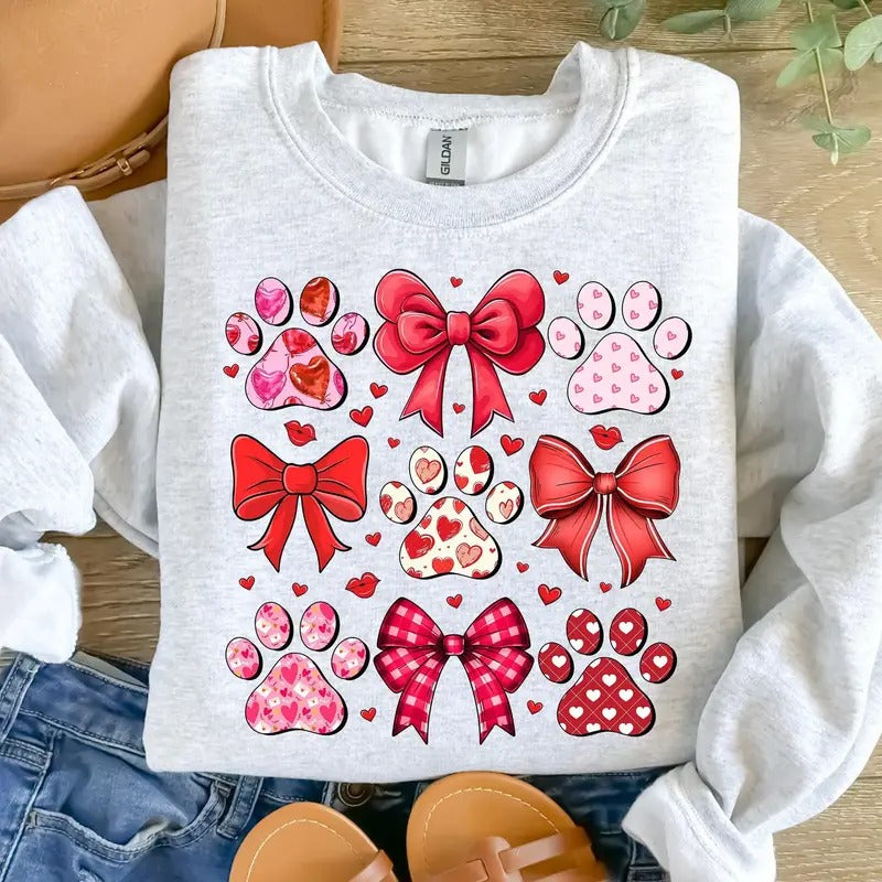 Dog Valentine Coquette Sweatshirt, Dog Valentines Bow Sweatshirt Dog Paw Print Hearts Sweatshirt Gift For Dog Lover Valentines Dog Mom Gift