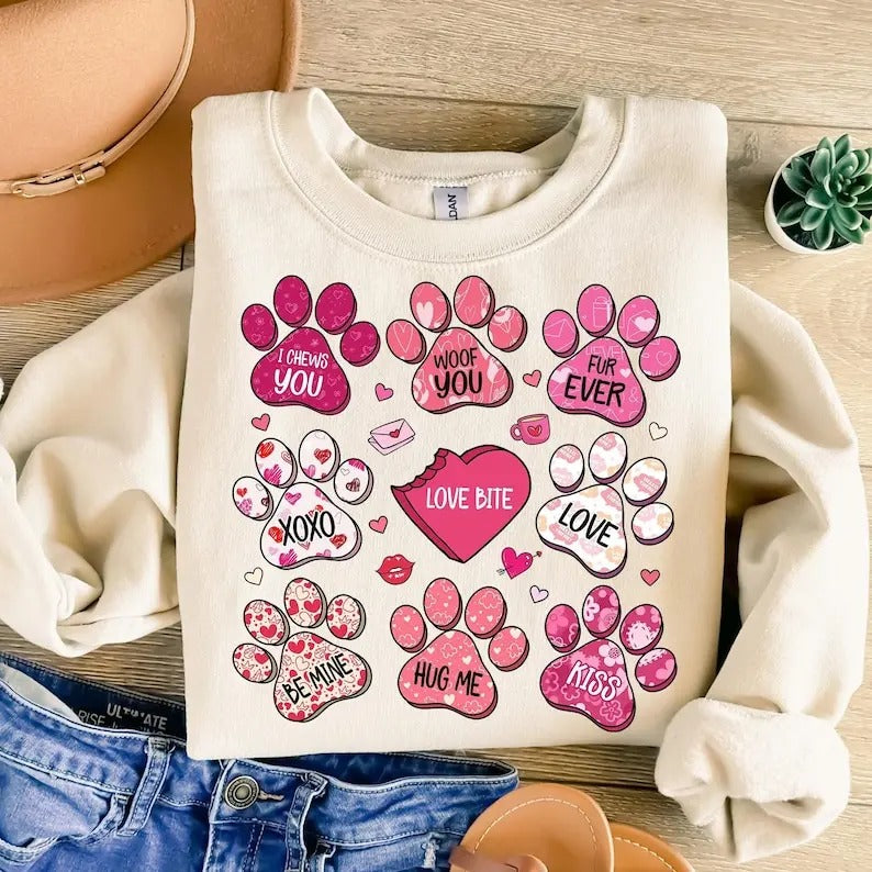 Dog Valentine Sweatshirt Dog Mom , Valentine's Day , Dog Paw Print Heart , Valentine , Dog Lover Gift, Candy Hearts...