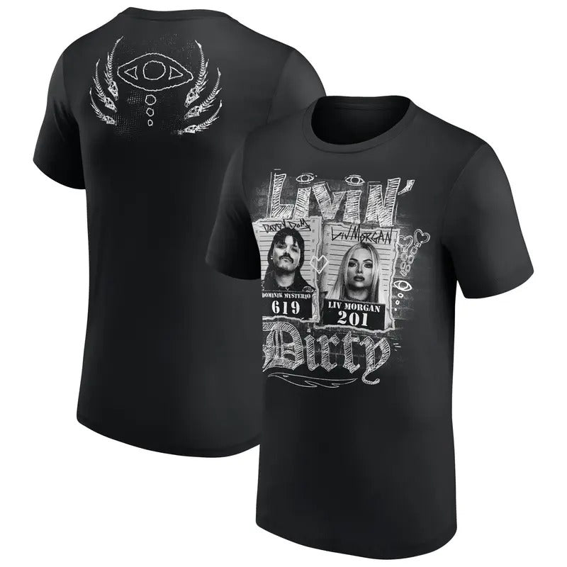 Dominik Mysterio & Liv Morgan Livin' Dirty Graphic 2 Sides T-Shirt, Livin Dirty Couple Wrestler Shirt, Professional Wrestler Fan Gift For Men Women Unisex Tee, Crew Neck SweatShirt, Hoodie