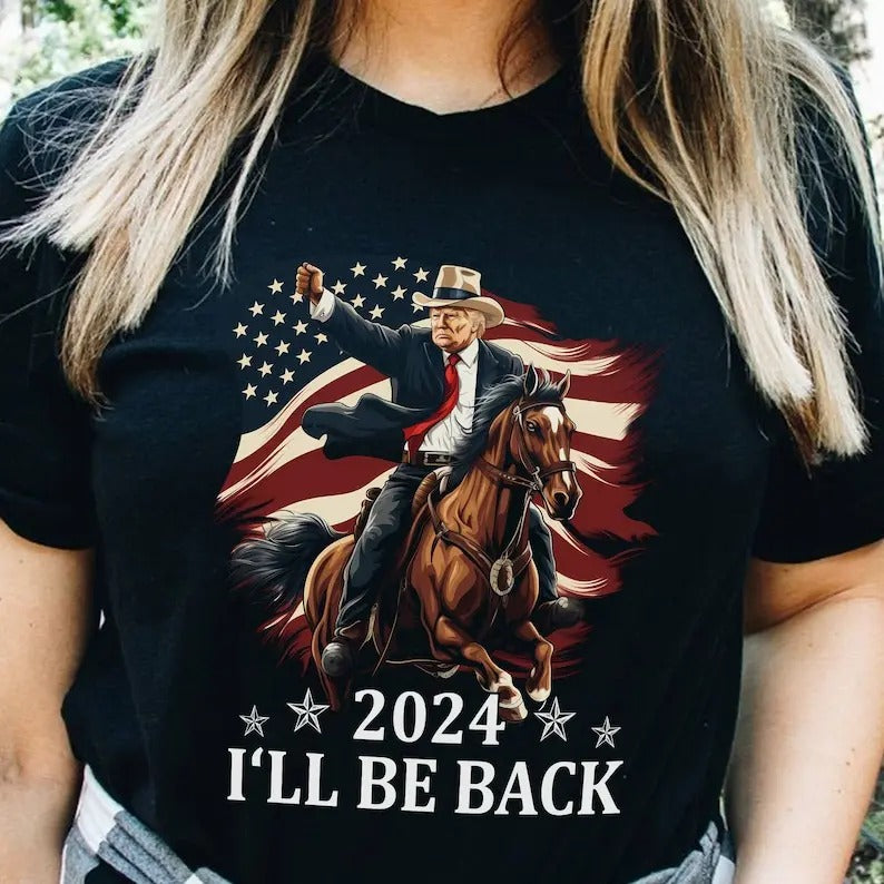 Donald Trump 2024 Vintage Graphic Shirt - Trump Riding a Horse with The American Flag - Cowboy Tshirt - Trump Shirt - Republican Gifts - Trump Gifts