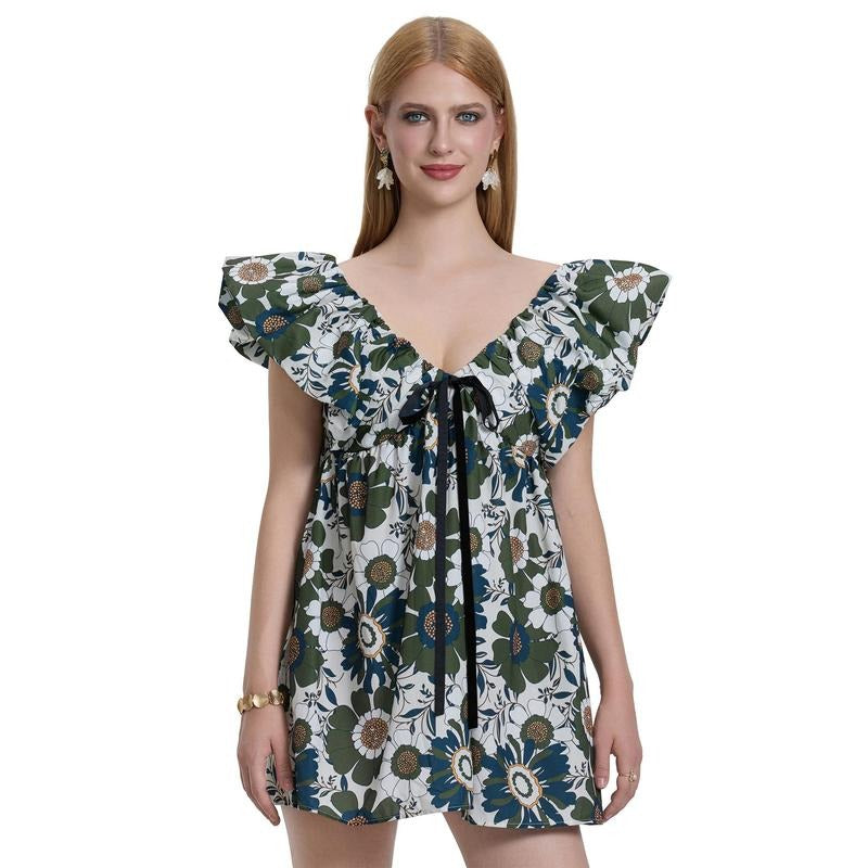 Women Mini Dress Floral/Lemon/Dot Print Fly Sleeve Bowknot V-Neck Dress Summer Casual Dress Polyester Womenswear