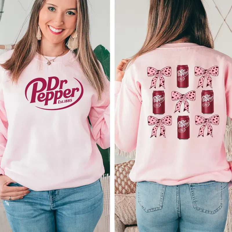 Dr Pepper Coquette Bow Pink Sweatshirt - Retro Soft Drink Graphic Pullover, Funny Gift for Her, Casual Long Sleeve Preppy Soda Sweatshirt