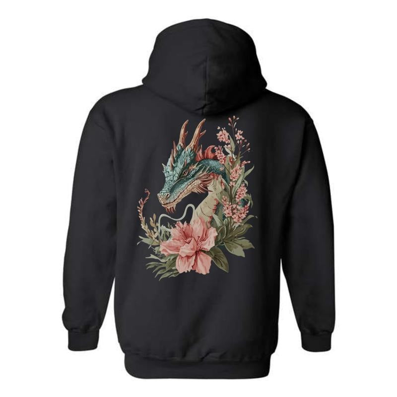 Dragon and Floral Hoodie - Intricate Dragon with Floral Design, Perfect for Fantasy Lovers, Ideal for Casual Wear, Comfortable and Stylish, Hoodie For Men, Hoodie For Women Menswear Sweaters