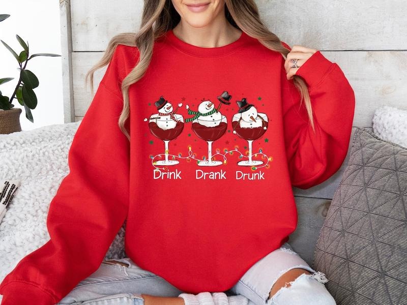 Drink Drank Drunk Snowman Wine Christmas Sweatshirt, Funny Christmas Shirts, Wine Holiday Hoodie, Snowman Drinking Wine Santa T-Shirt