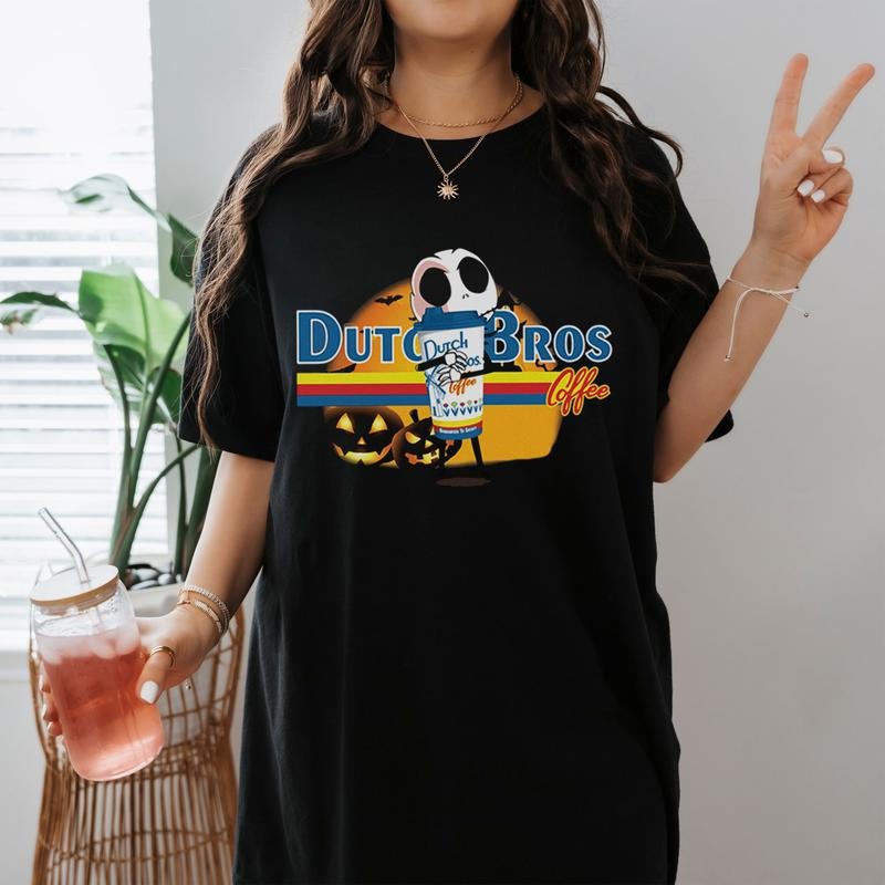 Dutch Bros Coffee Tee Jack Skellington Hug Coffee Horror Halloween Shirt