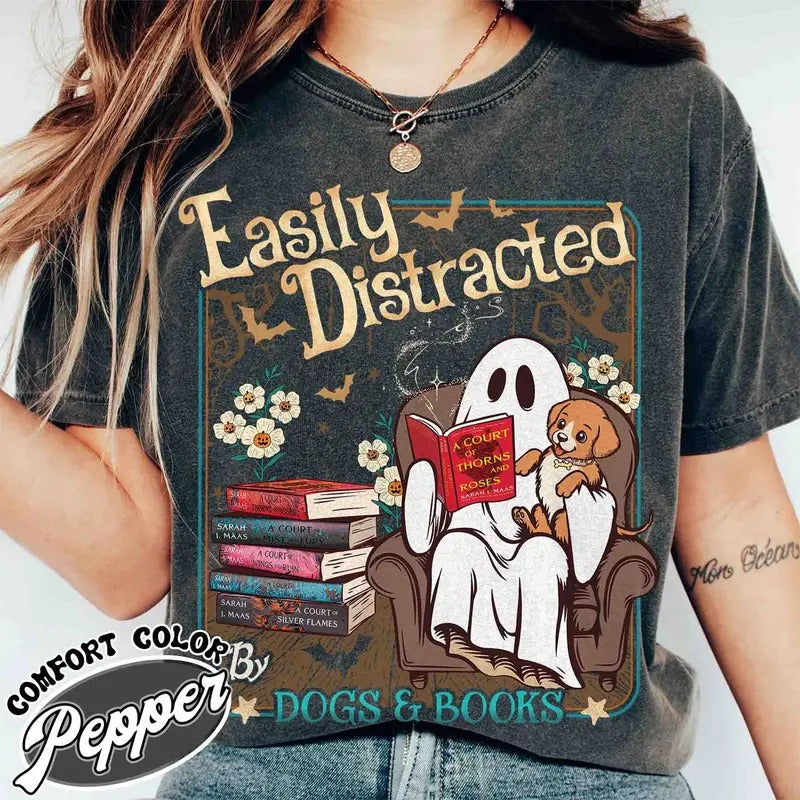 Easily Distracted Dogs And Books Shirt Books And Dogs Ghost Reading Books Shirt Halloween Little Ghost Book Lover Ghost Gift