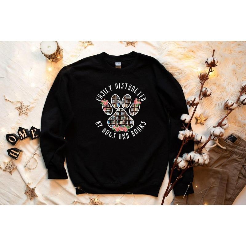 Easily Distracted Dogs And Books Sweatshirt, Book Lover Sweat, Gift For Librarian, Library Sweatshirt, Book Nerd Sweat, Gift For Book Lover