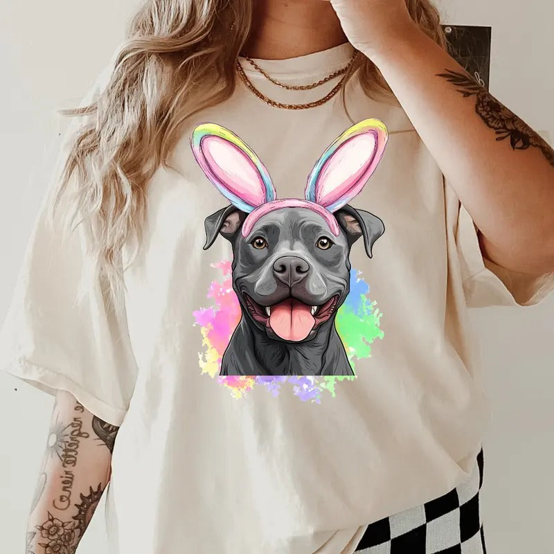 Easter Blue Grey Pitbull Shirt ~ Unisex Apparel Relaxed Fit Printed In The USA Clothing Womenswear Casual Comfort Cotton