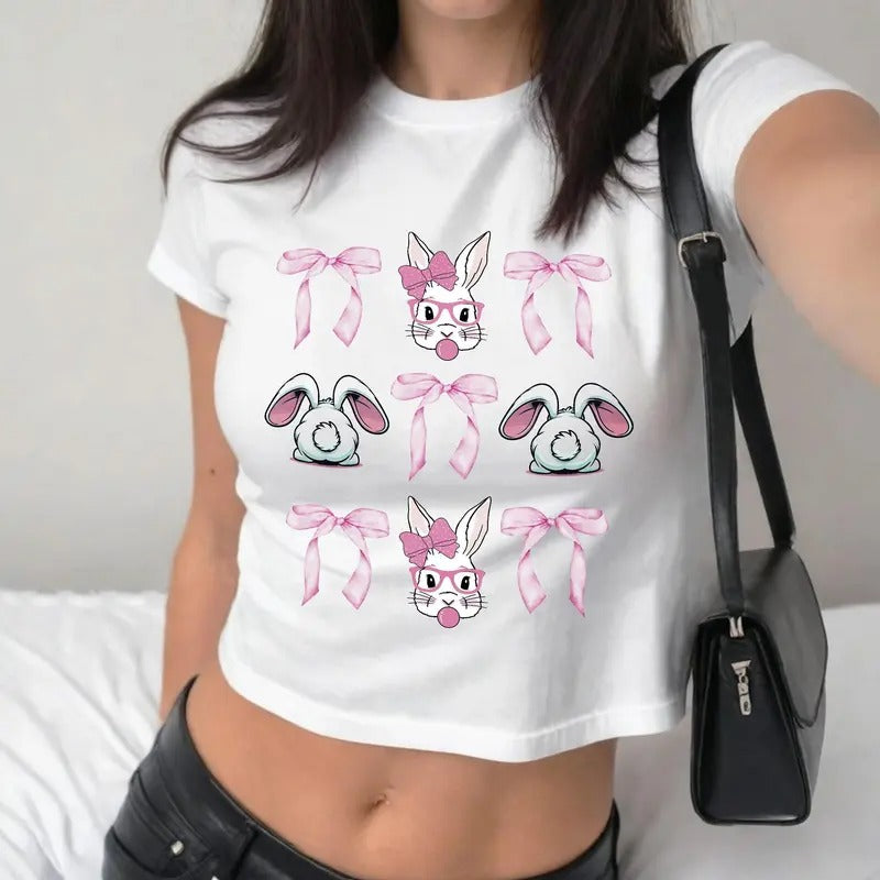 Easter Bunny with Glasses Baby Tee, Bunnies and Bows Y2K Clothing, Cute Easter Baby Tee, Family Easter , Bow Bunny Gift
