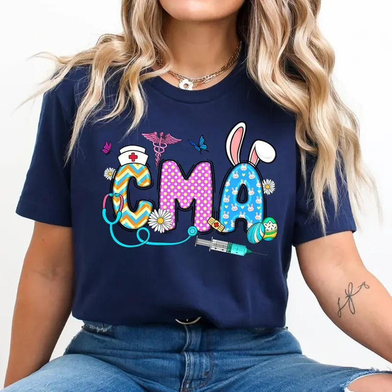 Easter CMA Shirt - Cute Bunny & Stethoscope Certified Medical Assistant T-shirt - Spring Healthcare Worker Tee