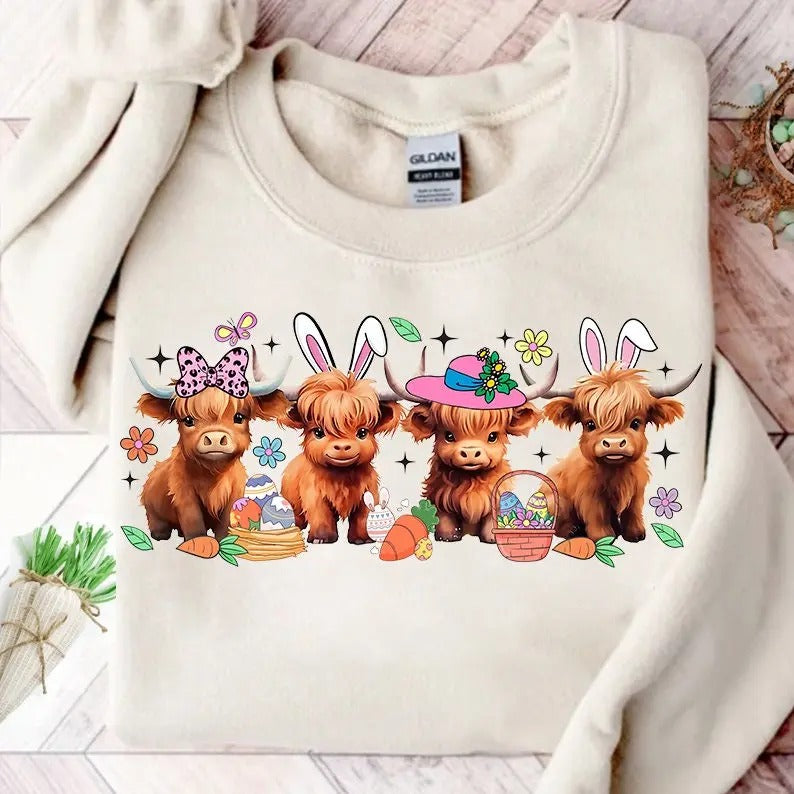 Easter Day Baby Highland Cow Shirt, Retro Easter Shirt, Shamrock shirt, Retro easter tee