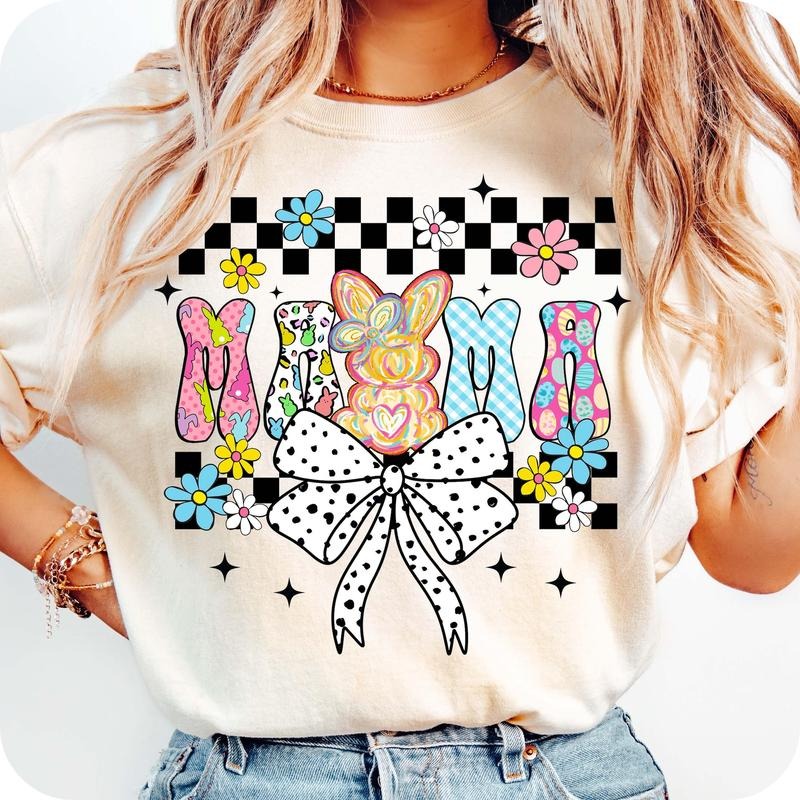 Easter Mama Bunny Coquette Bow T-Shirt, Mama Easter T-Shirt, Girly pastel bow T-Shirt, Preppy Easter T-Shirt, Easter Day T-Shirt