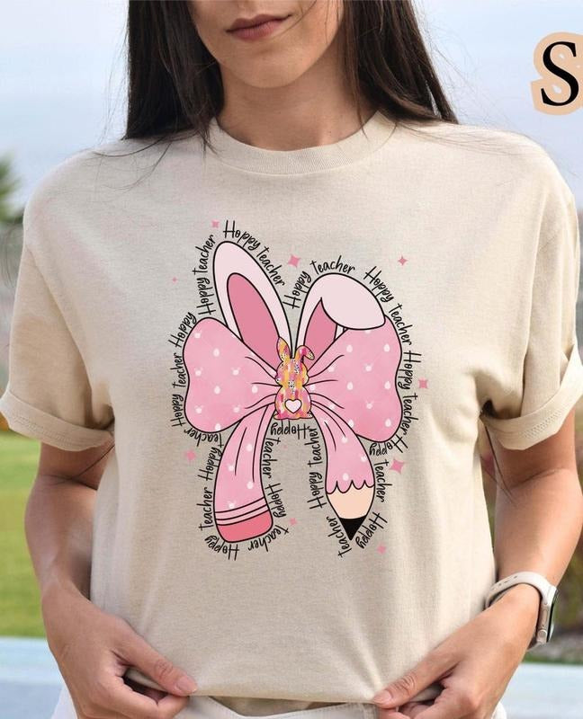 Easter Teacher Cute Coquette Bow Bunny Tshirt, Teacher Easter T-Shirt, Teacher Appreciation Gift, Spring School Teacher Top Womenswear