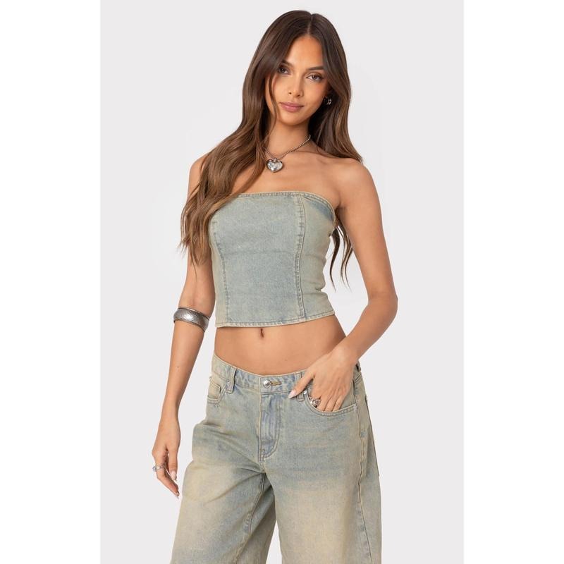 Edikted Women's Shira Washed Denim Tube Top