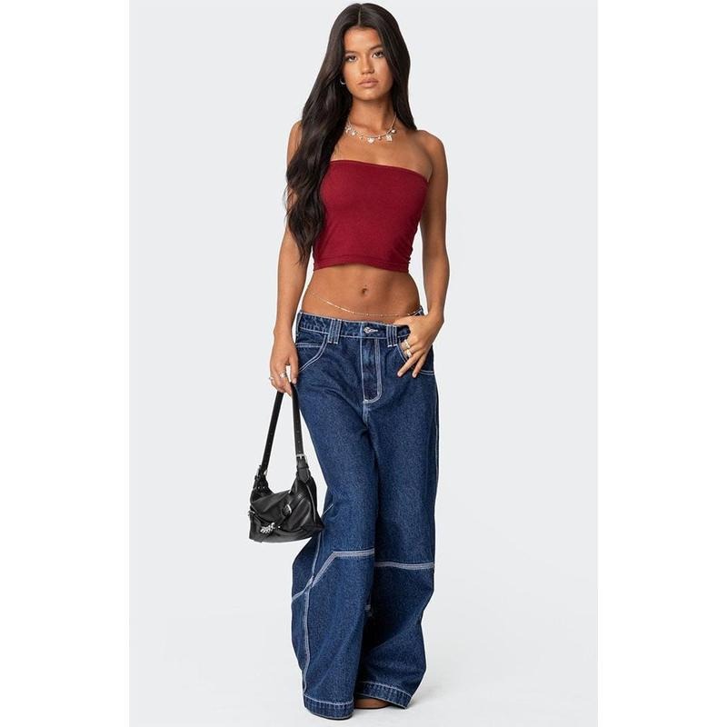 Edikted Women's Super Wide Contrast Stitch Low Rise Jeans