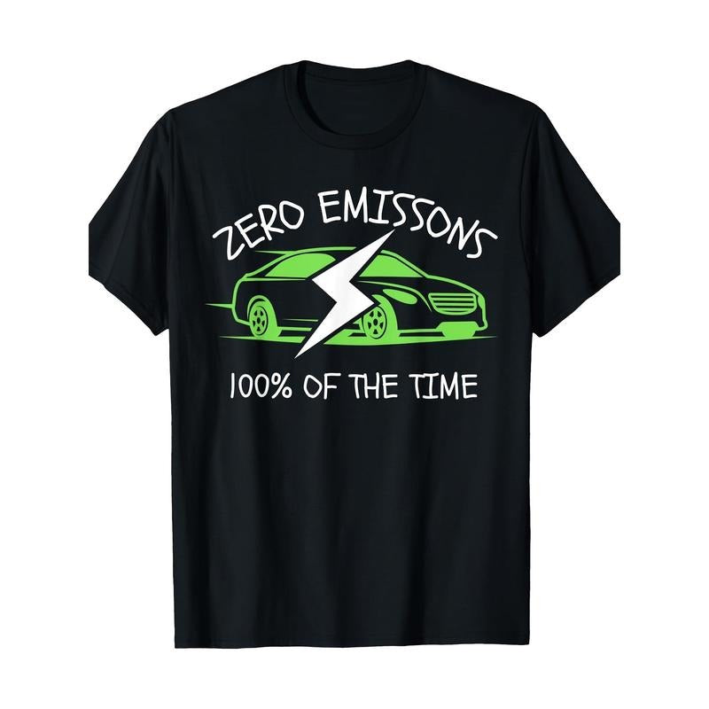 Electric Vehicle Enthusiast T-Shirt, 100% Cotton, Crew Neck, Short Sleeve, Regular Fit, Knit Fabric, Slight Stretch, with Zero Emissions Graphic, for Casual Weekend Wear, All-Season Made in USA