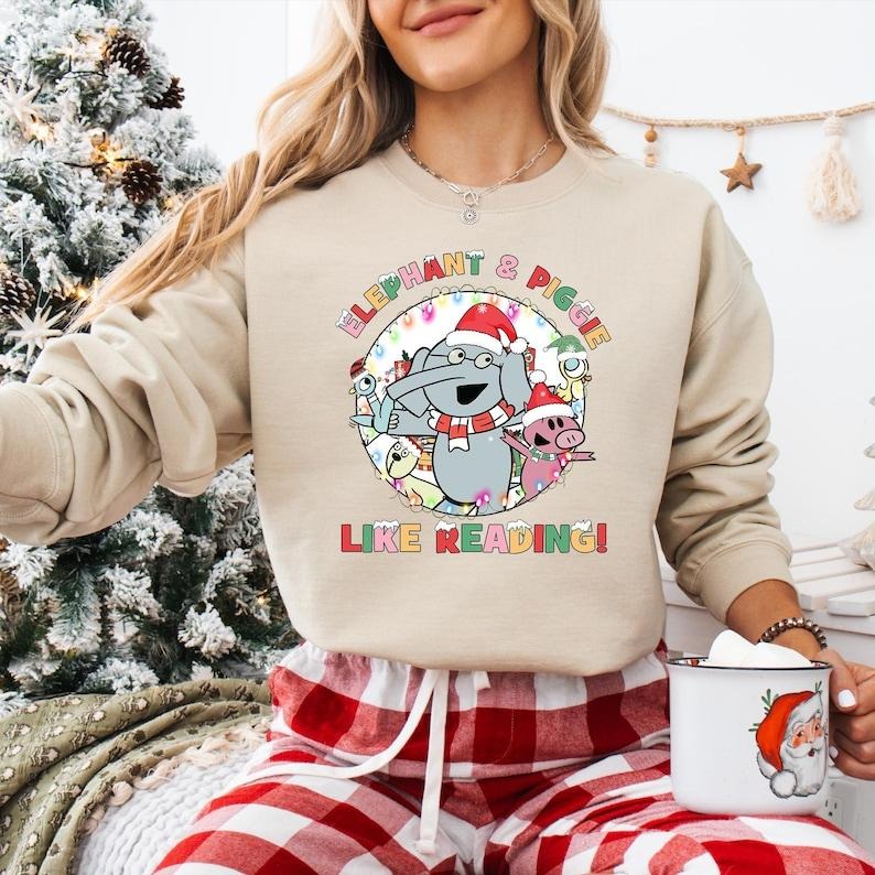 Elephant And Piggie Like Reading Christmas Sweatshirt, Cute Book Lover Christmas T-shirt, Bookish Christmas Tee, Teacher Christmas Shirt