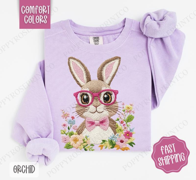 Embroidered Bunny Comfort Colors Sweatshirt, Easter Women's Crewneck, Cute Women's Sweater
