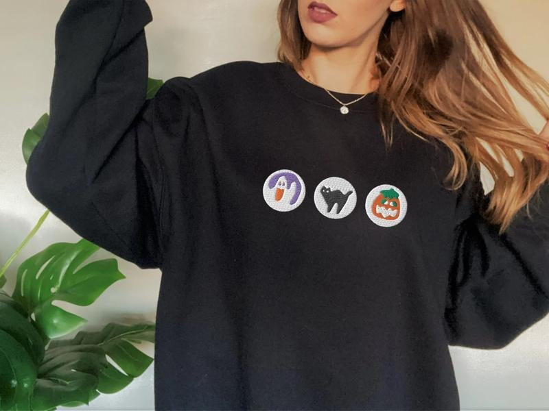 Embroidered Cookies Halloween Sweatshirt, Ghost Pumpkin Tee Shirt, Spooky Season Shirt, Embroidered Halloween Sweater