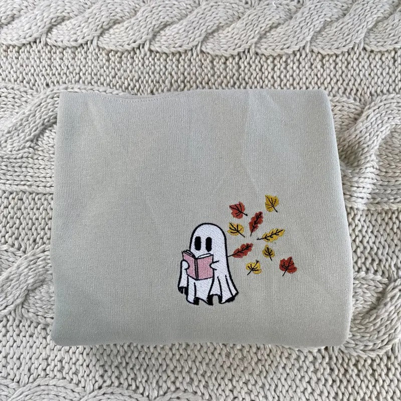 Embroidered Fall Ghost Reading Book Halloween Sweatshirt - Reading Ghost Embroidered Sweatshirt - Autumn Leaves