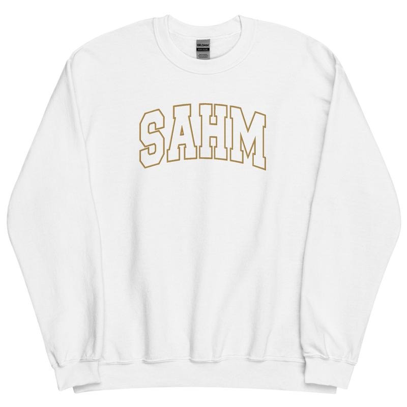 Embroidered Gold Thread SAHM Varsity Sweatshirt - Sweatshirt Unisex Apparel Relaxed Fit Printed in the USA Clothing Womenswear Casual and Comfortable