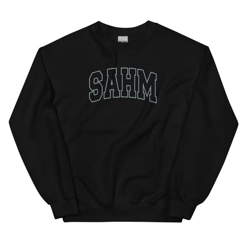 Embroidered Grey Thread SAHM Varsity Sweatshirt - Sweatshirt Unisex Apparel Relaxed Fit Printed in the USA Clothing Womenswear Casual and Comfortable