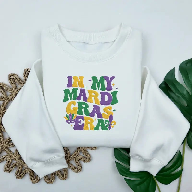 Embroidered In My Mardi Gras Era Sweatshirt, Mardi Gras Beads Sweater, Mardi Gras Outfit For Women