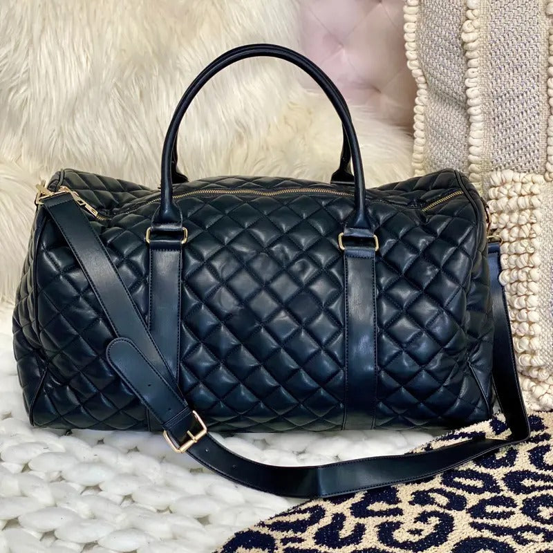 Embroidered Initial Black Quilted Duffle Bag