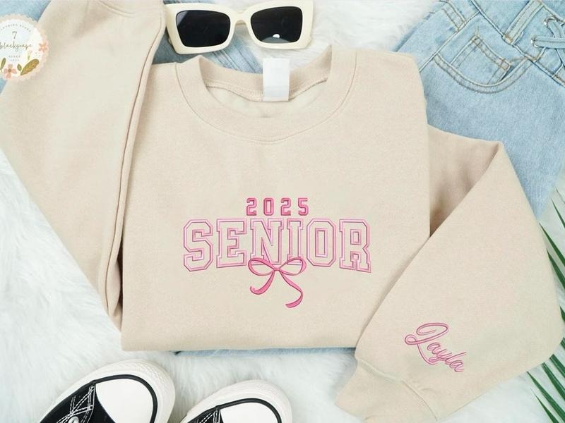 Embroidered Personalized Senior 2025 Coquette Pink Bow Sweatshirt, Senior 2025 Shirt, Custom Graduation Sweatshirt, Class of 2025 Shirt, Embroidered Senior Sweatshirt