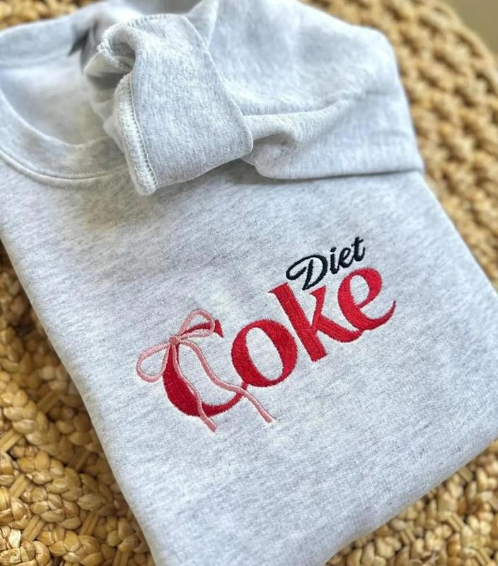 Embroidered Pink Bow Diet Coke Sweatshirt, Coquette Bow Diet Coke Shirt, Embroidered I Need A Diet Coke T-Shirt, Diet Coke Pink Bow Shirt