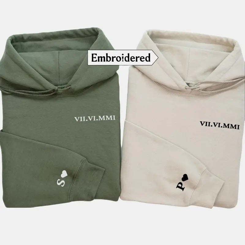 Embroidered Roman numeral hoodie, Personalized Date Roman numeral sweatshirt, Couples matching hoodies, Matching sweatshirts for couples