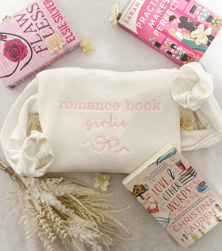 Embroidered Romance Book Sweatshirt, Bookish Hoodie, Romance Book Girlie Sweatshirt, Book Lover Crewneck, Romance Reader Shirt, Book Pink Bow Tee