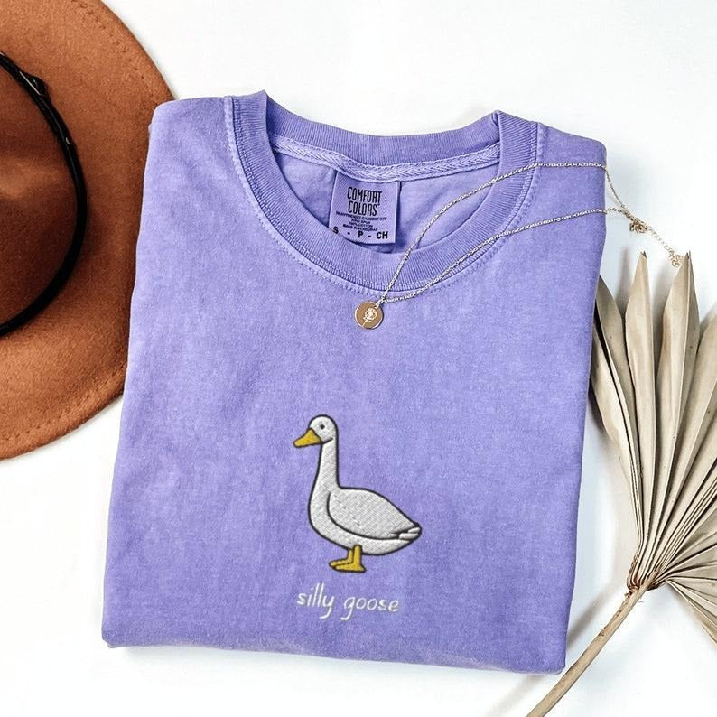Embroidered Silly Goose Comfort Colors Tshirt, Embroidered Goose Crewneck T-Shirt, Silly Goose Shirt, Funny Shirt, Comfort Colors Shirt Tee Womenswear