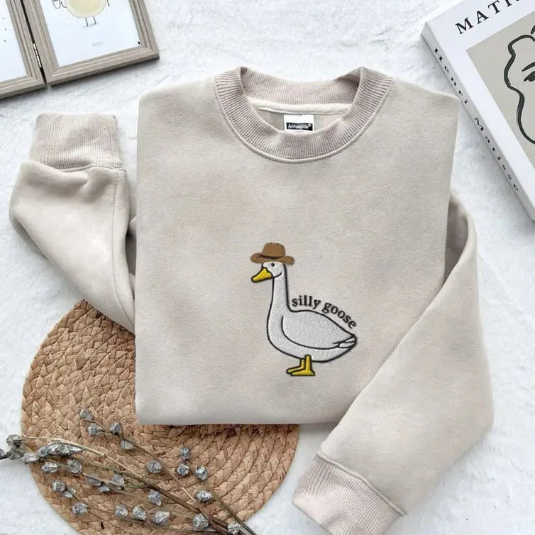 Embroidered Silly Goose Funny Shirt, Embroidered Gift, Embroidered Crewneck,Funny Goose Shirt, Silly Goose Sweater, Trendy Embroidered Shirt