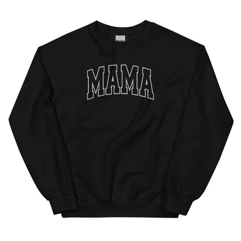 Embroidered White Thread Mama Varsity Sweatshirt - Sweatshirt Unisex Apparel Relaxed Fit Printed in the USA Clothing Womenswear Casual and Comfortable