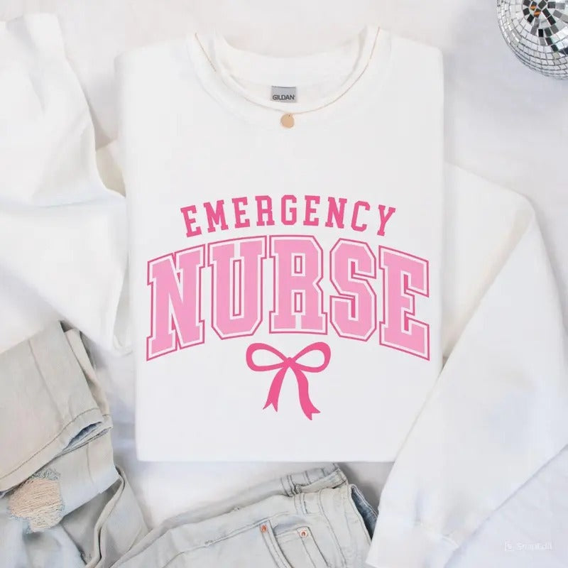 Emergency Nurse Sweatshirt, ER Nurse Gift, Nurse Bow Shirt, Emergency Department, ER Nurse Crewneck, Registered Nurse Sweater, Unisex Shirt In All Sizes And Colors