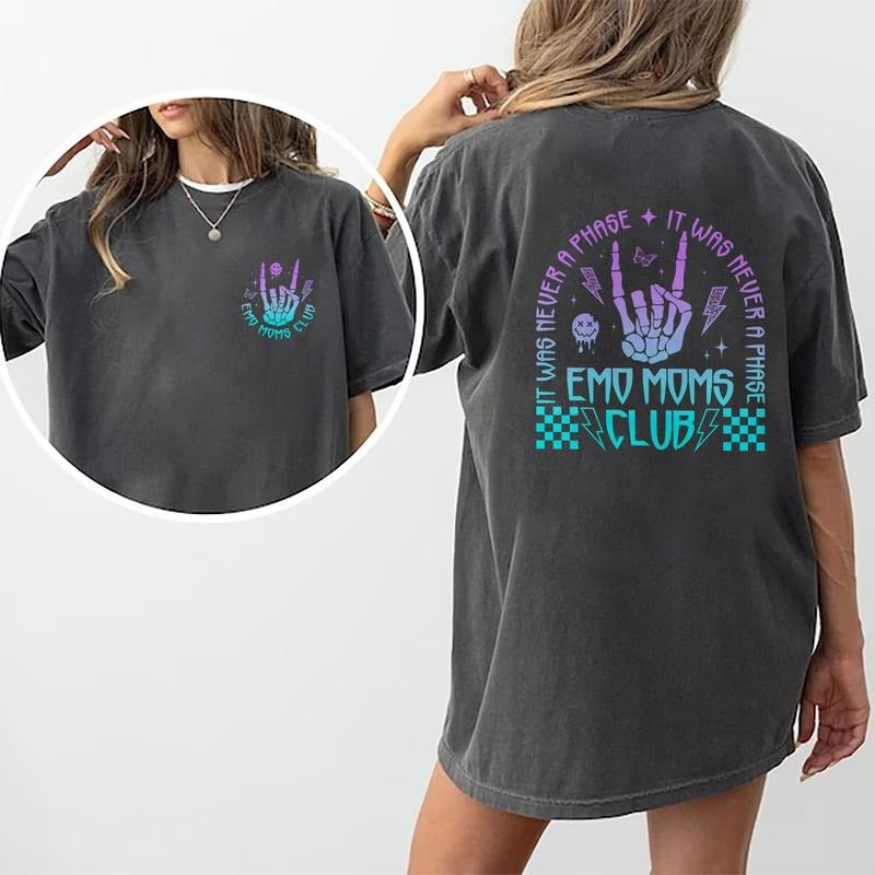 Emo Moms Club Shirt, Motherhood Rock Skeleton Printed T-shirt, Mama Shirt, Mom Life Shirt, Gifts For Mom, Soft Cotton Fabric Womenswear, Vintage Funny Skull Mom Tee, Daily Basic Outfits Comfort Fit, Rocking Mom Women Tops