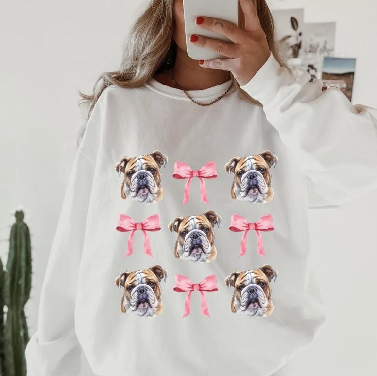English Bulldog with bows Sweatshirt ~ Sweatshirt Unisex Apparel Relaxed Fit Printed in the USA Clothing Womenswear Casual and Comfortable