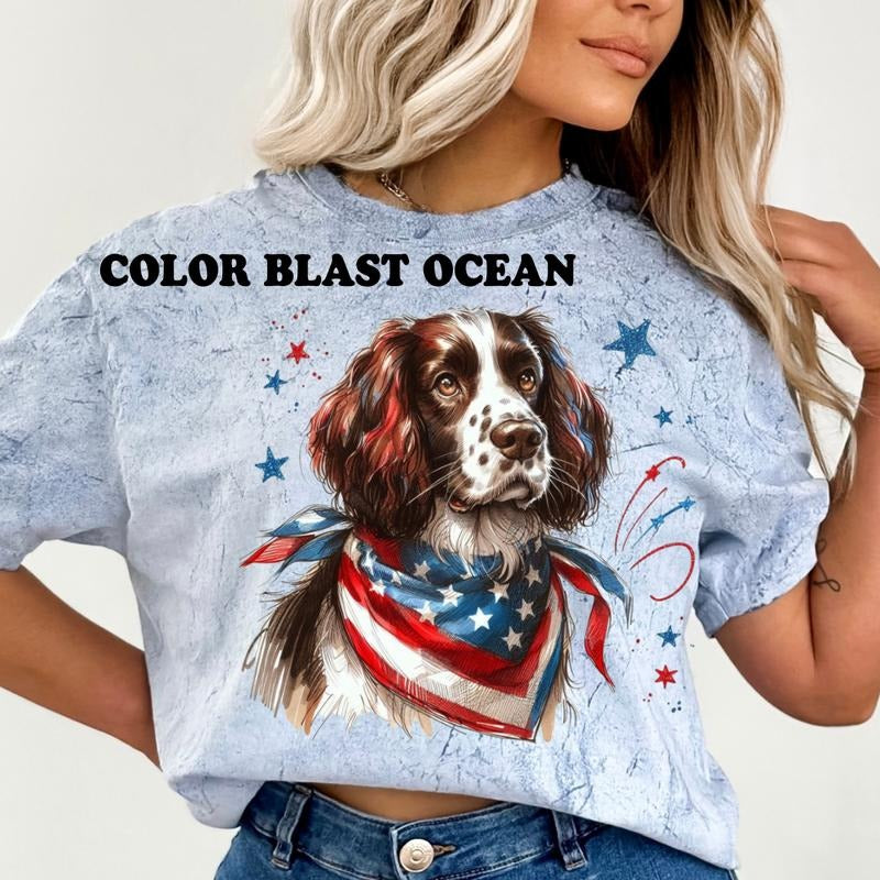 English Springer Spaniel Patriotic Dog Shirt ~ Unisex Apparel Relaxed Fit Printed In The USA Clothing Womenswear Casual Comfort Cotton Top Athletic Boho Chic