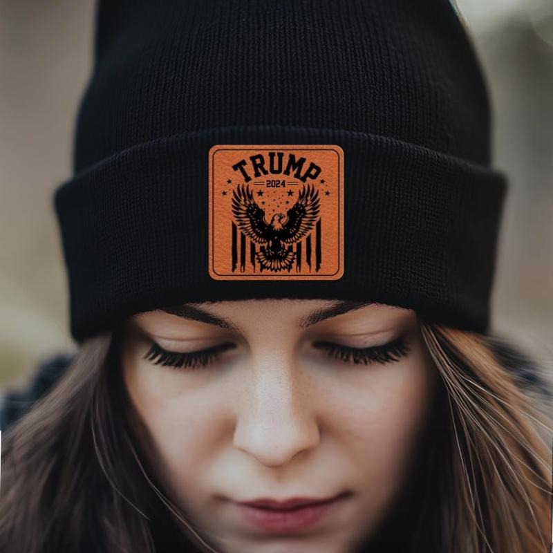 Engraved Trump 2024 Beanie With Leather Patch, Trump 45 47 Winter Hat, Gift for Trump Supporters, Republican Gifts