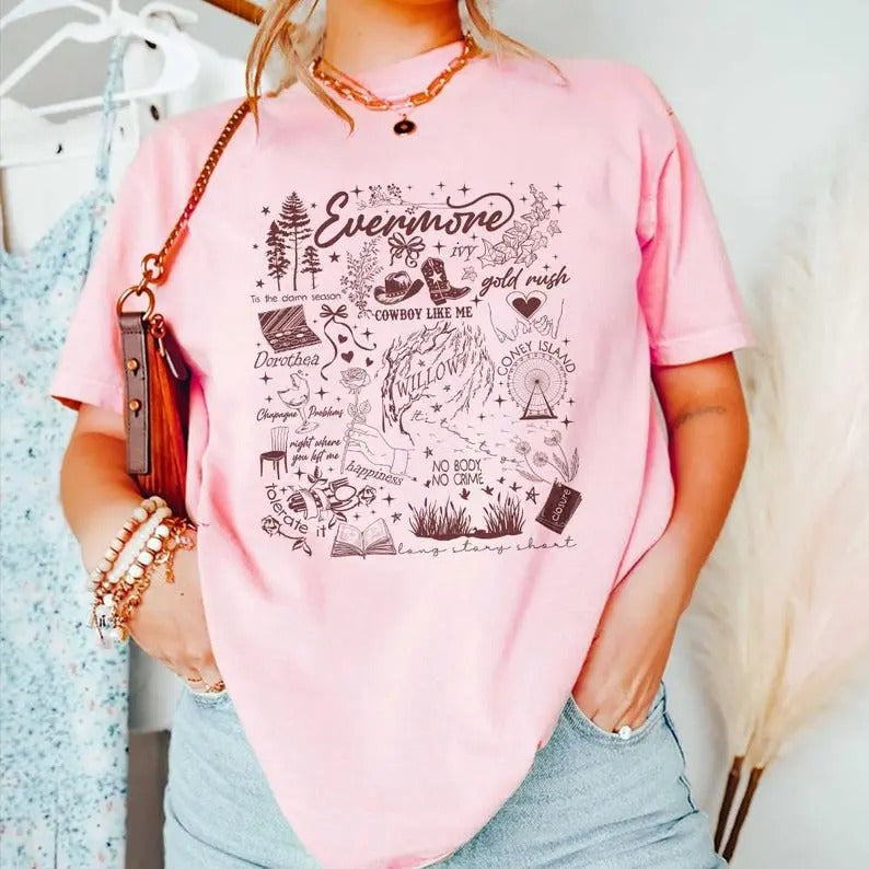 Evermore Album Song Titles Shirt | Sw Lyrics Collage with Evermore Symbols & Lyrics | Cozy Svviftiee Fall Apparel, Cotton Crewneck Shortsleeve