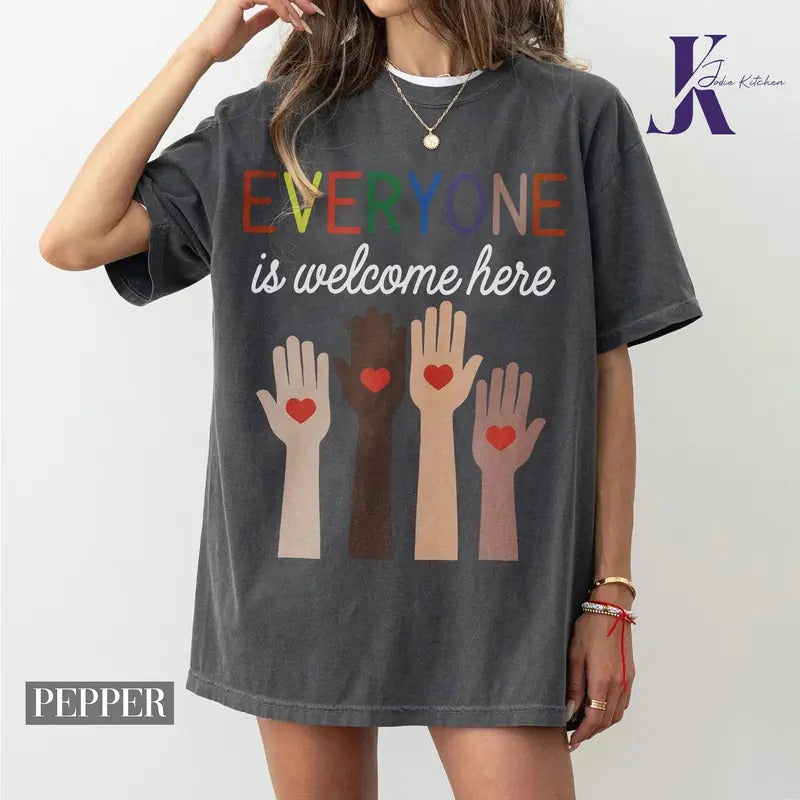 Everyone is Welcome Here Idaho Teacher Shirt, Support of Idaho Fist Hands Inclusion Equality Protest Resist Unisex Cotton T-shirtstyle{n002}2