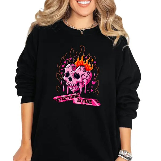 'Everything Fine' Orange & Pink Skull Crewneck Sweatshirt, T Shirt, or Hoodie | Grunge Aesthetic Pullover | Casual, Comfort, 90s Graphic, Womenswear