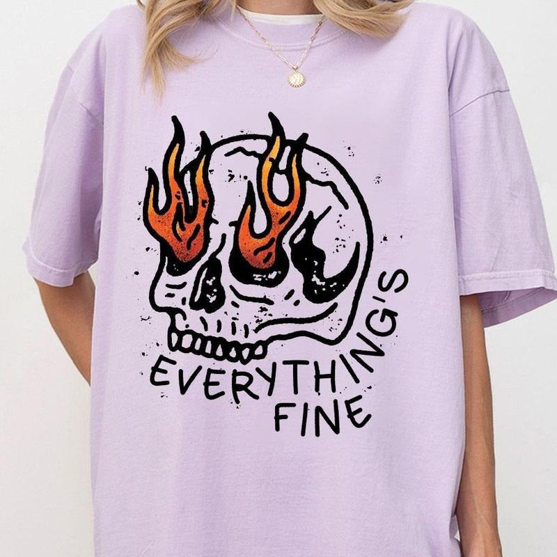 Everything Is Fine Shirt, Retro Skull Graphic Tee, Boho Vintage Tee, Be Kind Shirt, Inspirational T-Shirt, Motivational Shirt, Postive Shirt, Funny Skeleton Shirt, Gifts For Her, Women Top