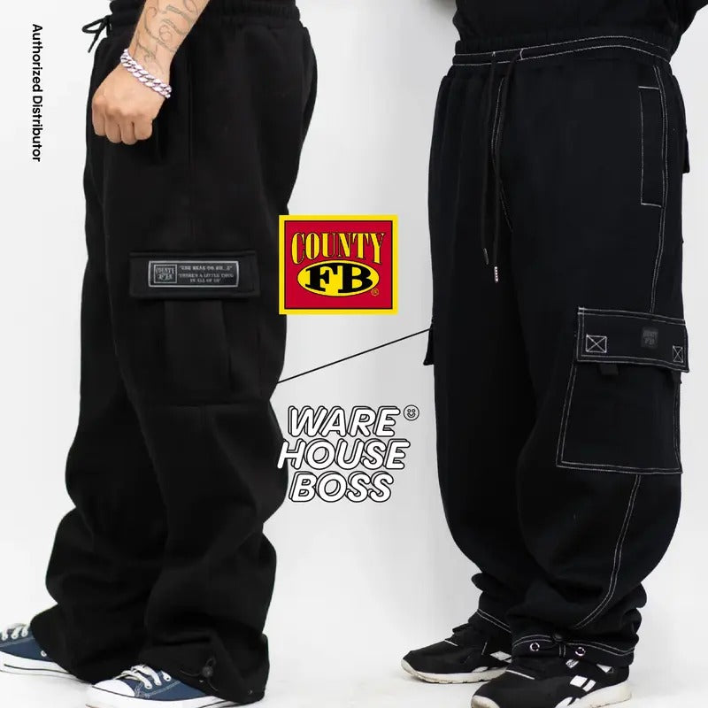 FB COUNTY Men's Heavyweight Cargo Sweatpants FBCOUNTY Relaxed Fit Fleece Pants 6 Pockets Drawstrings Hip Hop Harem Casual Trouser