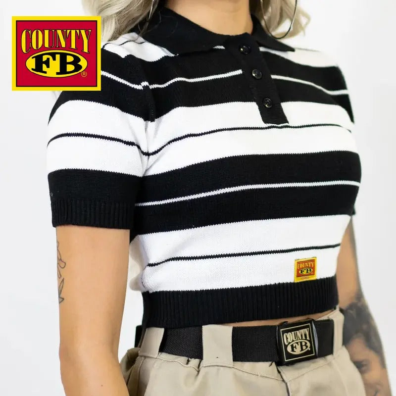 FB COUNTY Women's Charlie Brown Crop Top Shirts FB COUNTY Casual Short Sleeve Button Up Striped Shirt Two Toned Polo Top Stylish Hip Hop Harem
