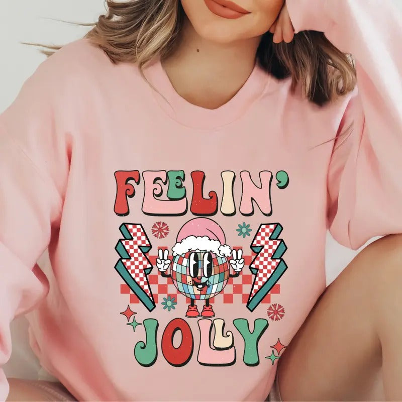 FEELIN JOLLY CREWNECK ( CHRISTMAS CREWNECK HOLIDAY CREWNECK SWEATSHIRT, RUNS TRUE TO SIZE GO UP ONE SIZE FOR THE OVERSIZED LOOK CASUAL WEAR HOLIDAY APPAREL) Womenswear Athletic