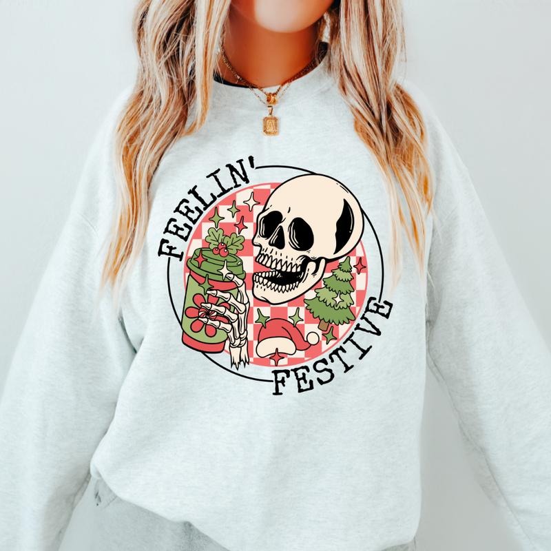 FEELING FESTIVE SKELETON CREWNECK (Crewneck Sweatshirt, Unisex Fit, Causal Sweatshirt for Christmas, Christmas Holiday Sweatshirt) Womenswear Hoodie