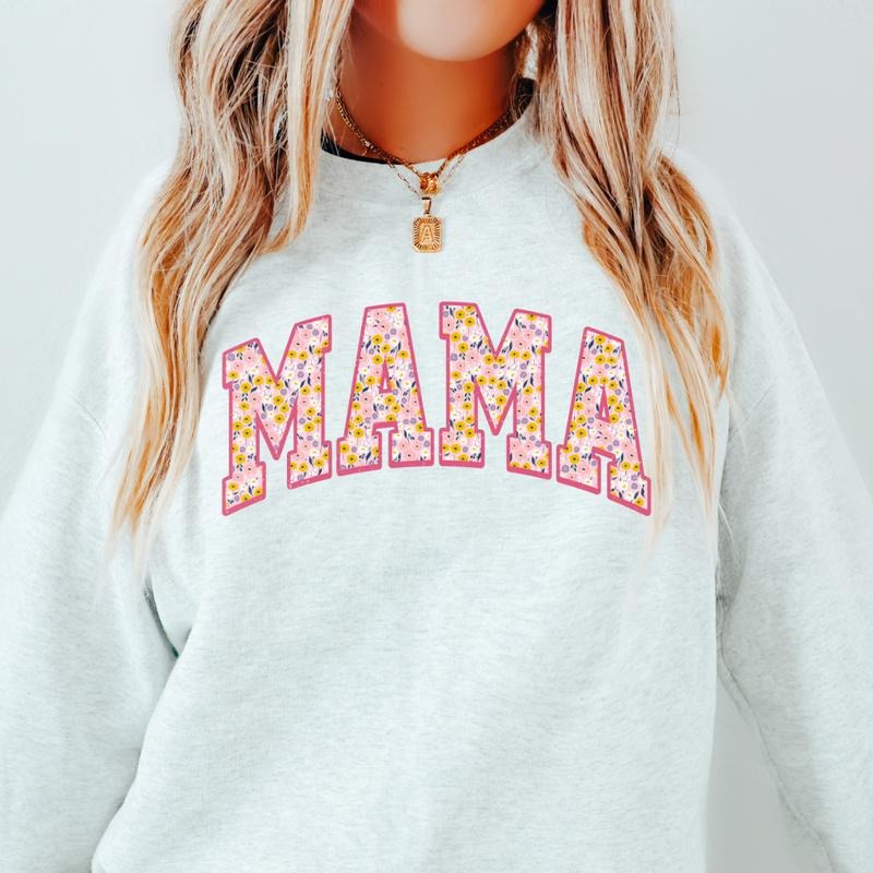 FLORAL MAMA VARSITY SWEATSHIRT (Crewneck Sweatshirt, Unisex Fit, Causal Sweatshirt for Christmas, Christmas Holiday Sweatshirt) Cotton Oversized Womenswear Garment Hoodie Sweaters Tops