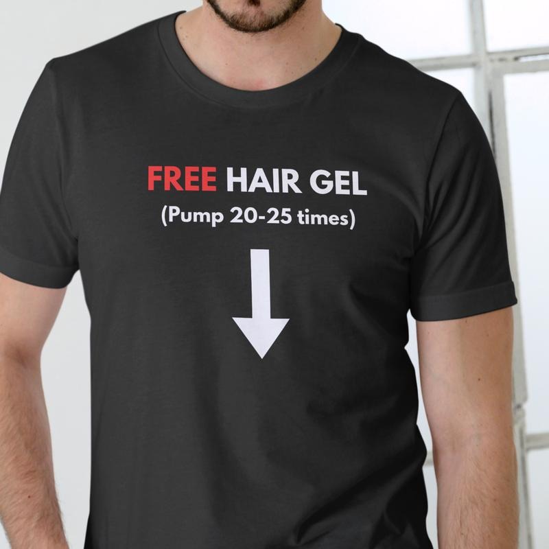 FREE HAIR GEL Unisex Cotton T-Shirt - Black with Red Text and White Arrow Design - Top, Menswear